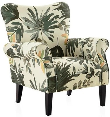 Green Floral Tufted Fabric Accent Armchair Linen Club Upholstered Arm Chair New