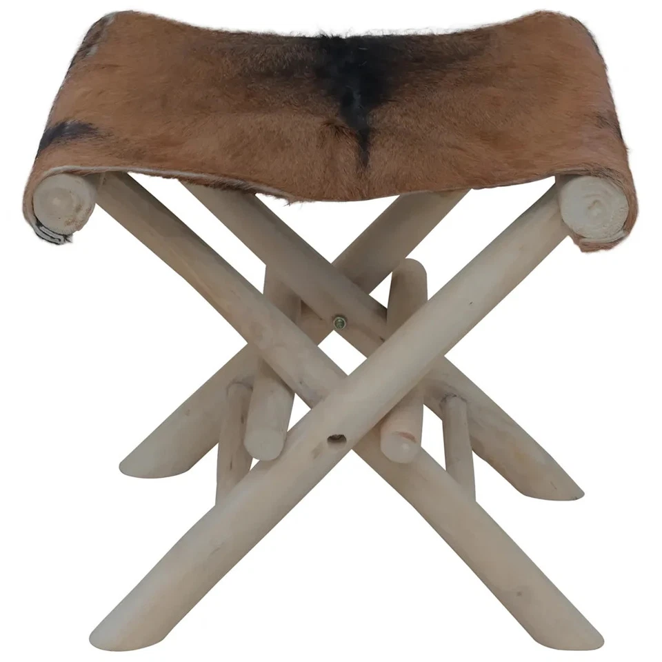 Folding Stool Brown Real goat leather solid teak wood Medium vidaXL - Image 2 of 4