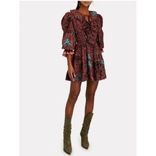ULLA JOHNSON Caris Mini Dress Ruffle Puff Shoulder Carmine Batik Printed size 0