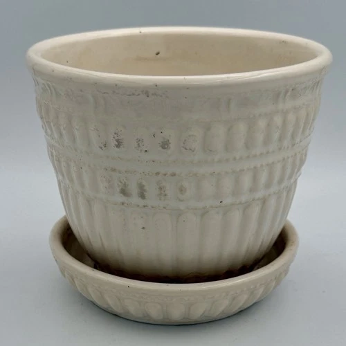 McCoy 1961 Vintage Beaded White 4 1/2" Flower Pot Planter with Attached Saucer