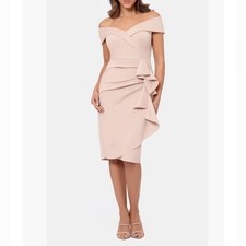 New Xscape $228 Evenings Ruffle Off the Shoulder Scuba Knit Cocktail Dress Blush