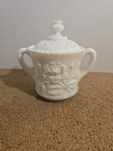 VINTAGE 1950'S IMPERIAL WHITE MILK GLASS OPEN ROSE SUGAR BOWL MARKED IG