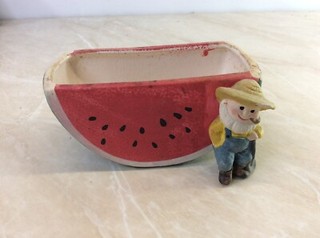 Enesco Watermelon with farmer planter dish vintage 1975 collectible figurine