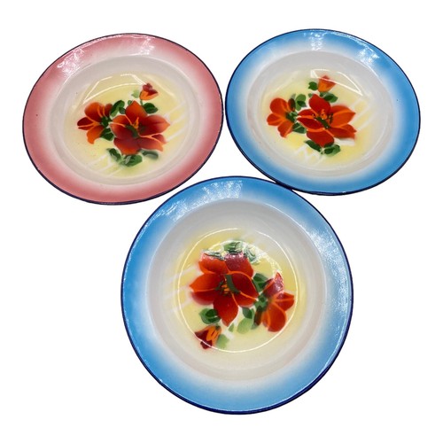 Gold Fish Brand Enamel 8” Plates Blue Pink and Red Flowers LOT 3 - Picture 2 of 14