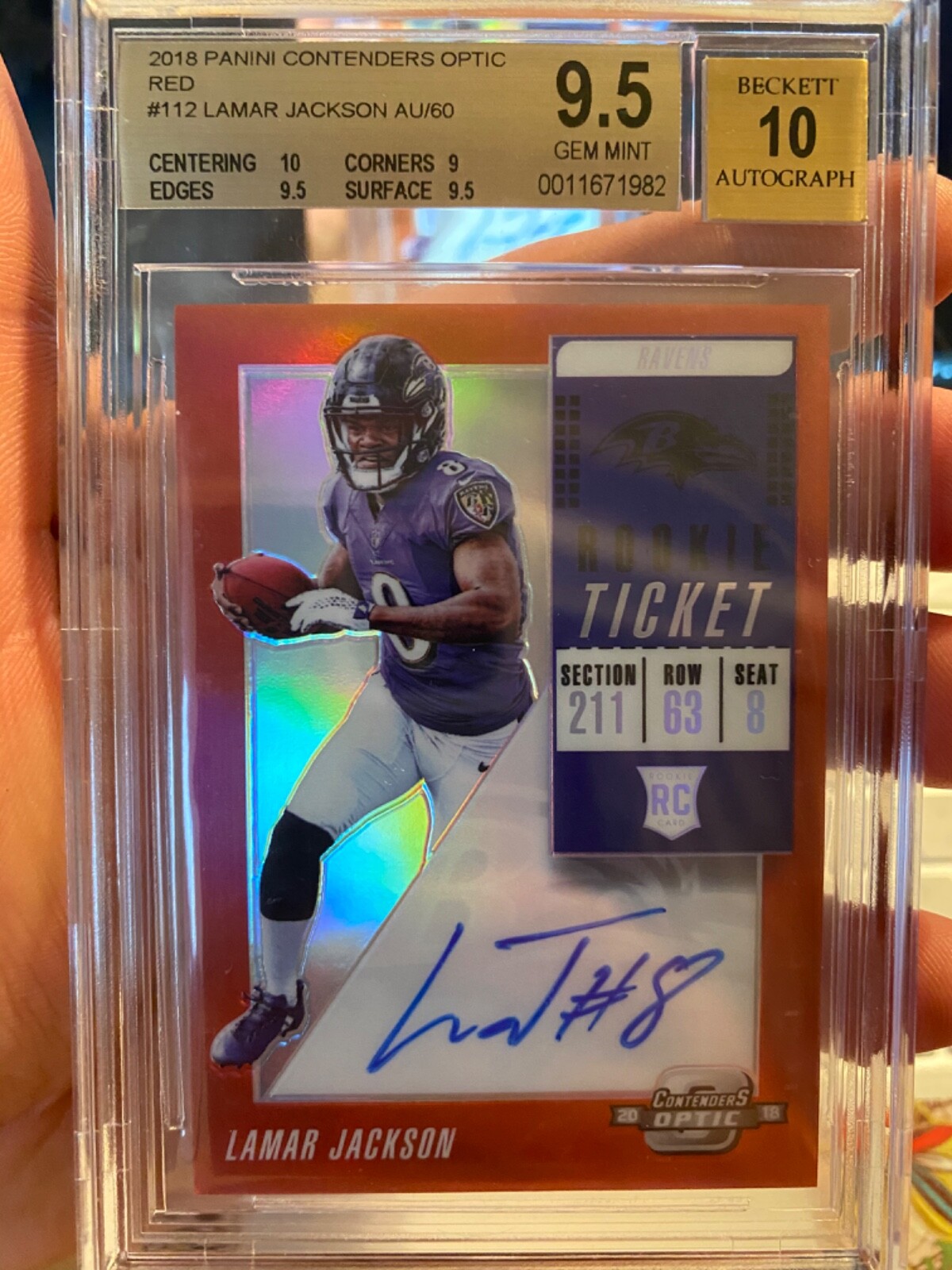 2018 BGS 9.5 AUTO 10 RED REFRACTOR PANINI CONTENDERS OPTIC LAMAR JACKSON /60 RC