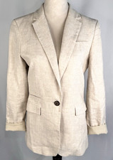 Kenar Natural Cream Linen Open Blazer Jacket Lined Size M Shoulder Pads