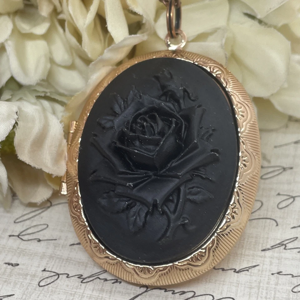 Collar medallón de boda gótico negro bruja camafeo oro rosa regalo vikingo Foto 3 de 4