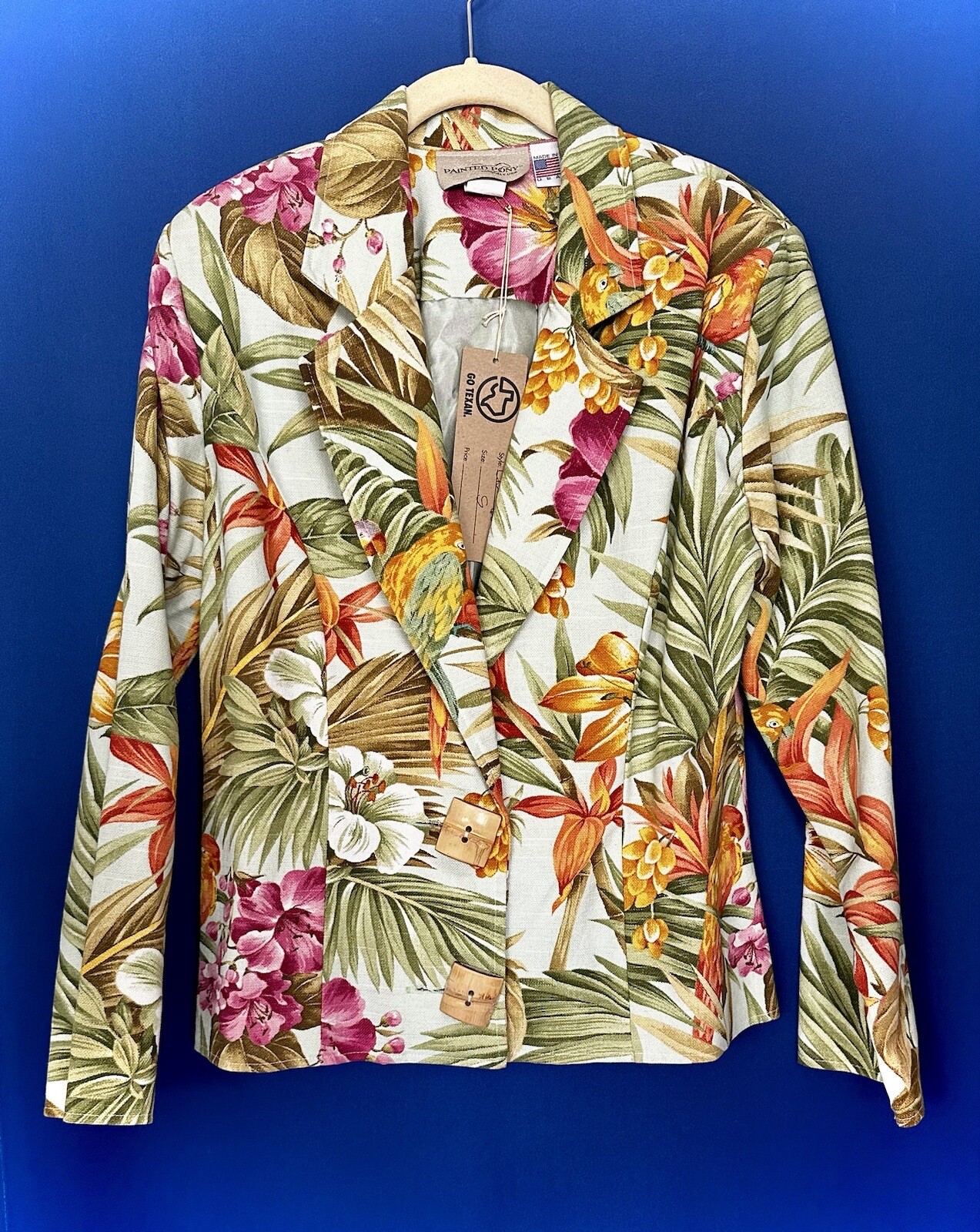 *NUOVA CON ETICHETTE *PONY DIPINTO* Giacca floreale taglia S completamente foderata con bottoni sul davanti testurizzata