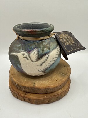 Jeremy J Diller Raku Pottery Vase Oil Slick Iridescent Hummingbirds, To Signed