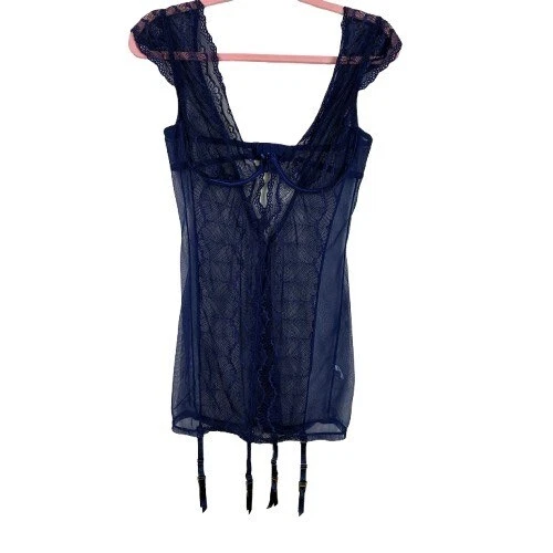 Dreamgirl Liga de Encaje y Malla Escote Sumergido Azul Nocturno Talla Grande Foto 2 de 4