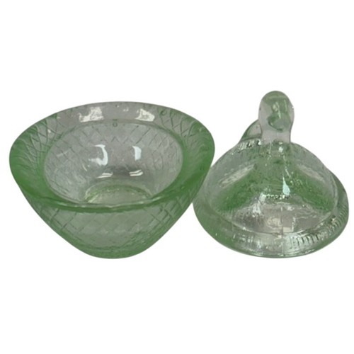 Vintage Mini Duck-On-Nest Basket Salt Cellar Trinket Clear Green Glass 2.25" H - Picture 4 of 5