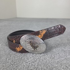 Size 28 Nocona Western Belt Buckle Tooled Leather Youth Boys Bull Rider Brown