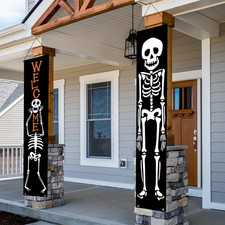 Halloween Porch Banners Skull Skeleton Welcome Front Door Decorations