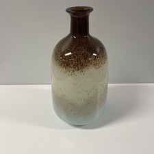 Large Hand Blown Art Glass Vase Brown White Blue Speckled Bottle Coastal Decor