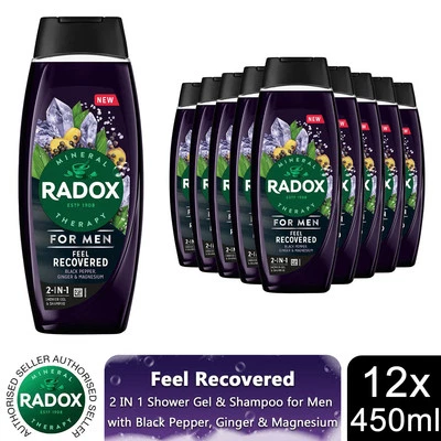 12x Radox Mineral Therapy Feel Recovered 2in1 Shower Gel & Shampoo for Men,450ml