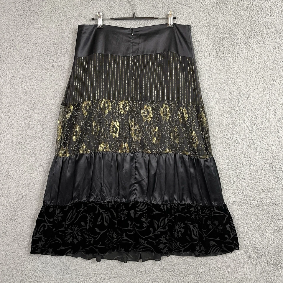 Falda Midi Jeremy Spencer Talla 10 Combo de Seda Medios Mixtos en Niveles Negra Dorada Artística Foto 2 de 4