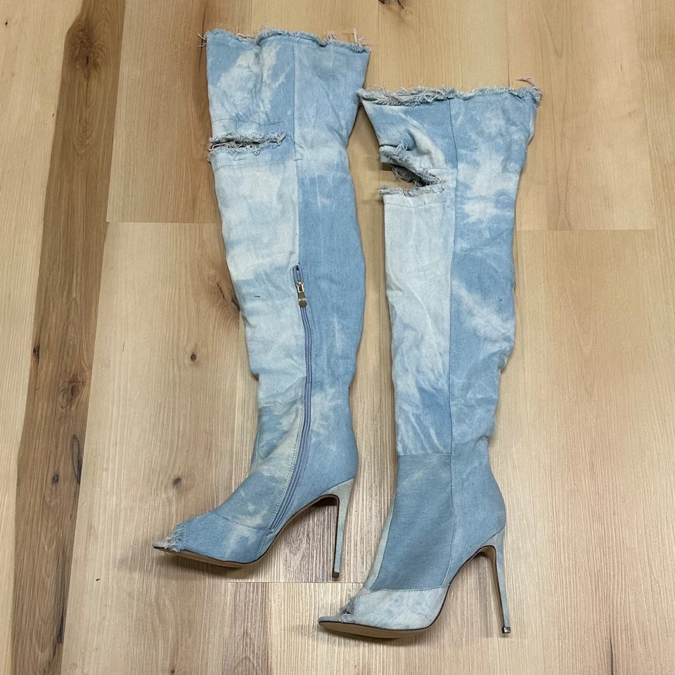 Botas femininas acima do joelho 8,5 biqueira alta aberta stiletto perna jeans WAGS sapatos boate  - Imagem 2 de 4