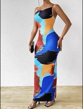 Women's Cami Dress Abstract Print Ribbed Spaghetti Strap Bodycon Maxi Dress 