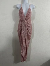 Hausen Dress Womens Small Pink Sequin Midi Criss Cross Back Plunge Hemline