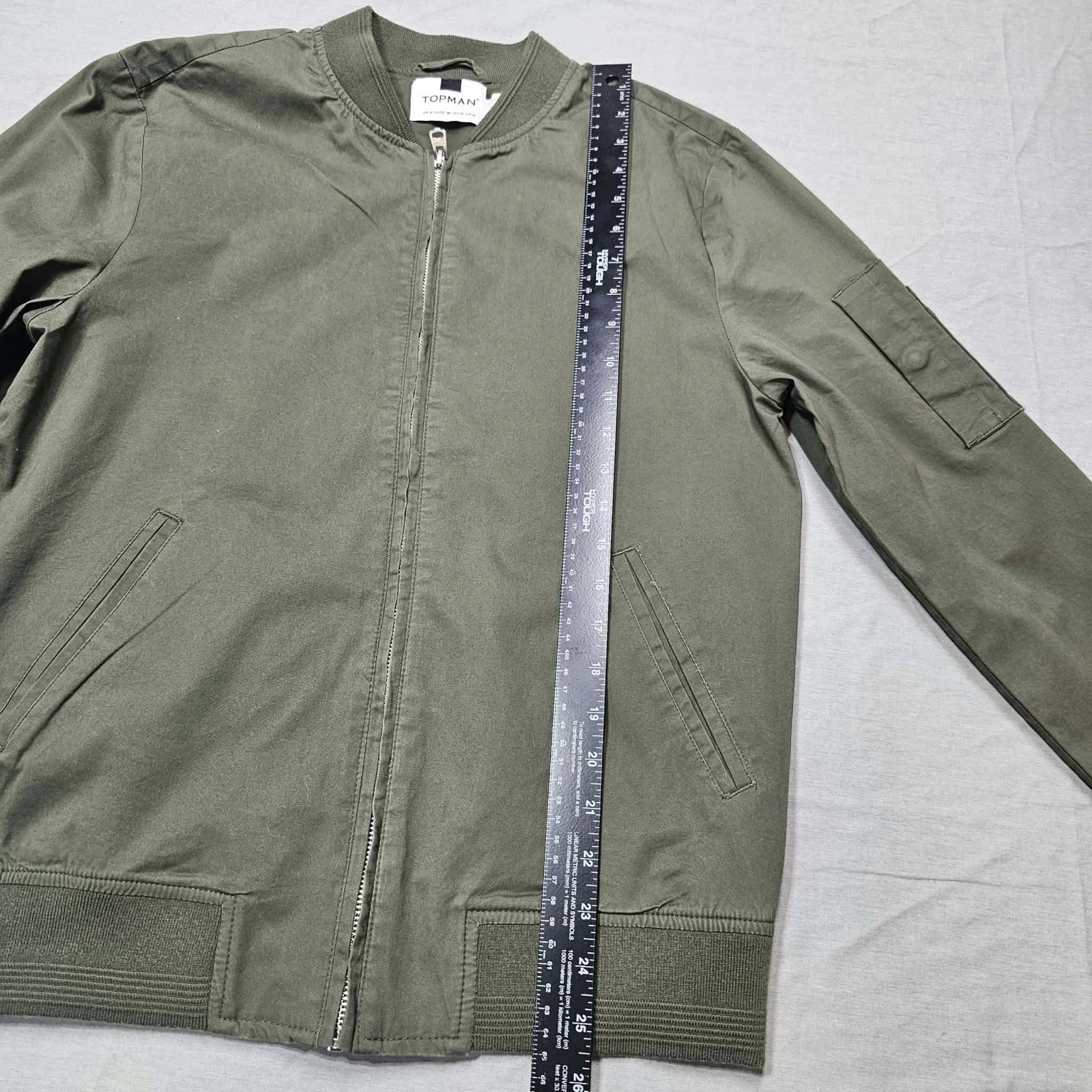 Topman Men's Green Bomber Jacket M – Full Zip Band Collar Short Regular Fit - product detail image 4