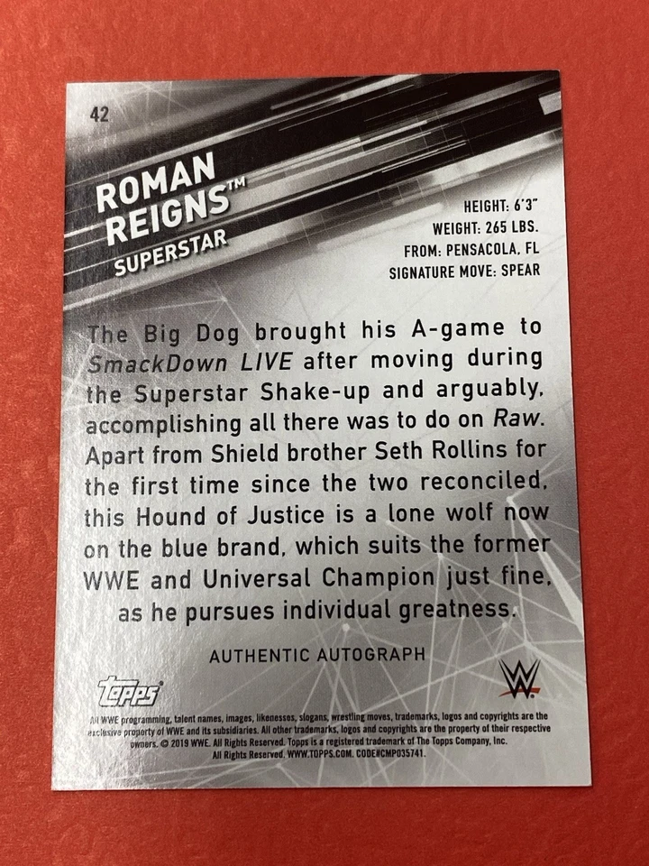 2019 Topps WWE SmackDown Live Roman Reigns Auto #63/99 - Image 2 of 3