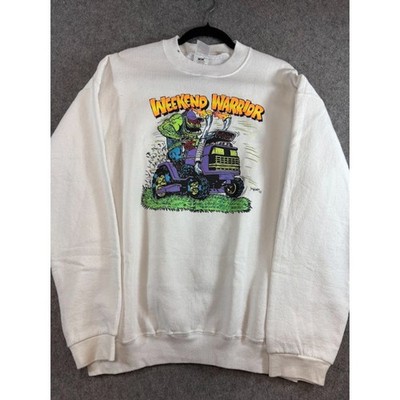 Vintage 90s Weekend Warrior Lawn Mower Monster Crewneck Sweatshirt Mens L White