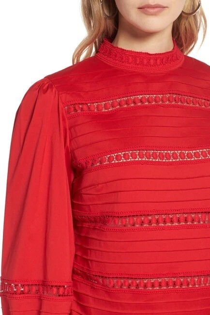 Blusa halógena 156441 con inserción de encaje mezcla de algodón rojo chinoise manga obispo talla L Foto 4 de 4