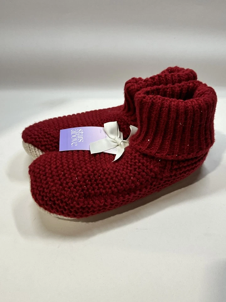 Botines forrados de piel de oveja sintética de punto jaspeado para mujer con pinzas estrellas por encima del rojo O/S Foto 2 de 4