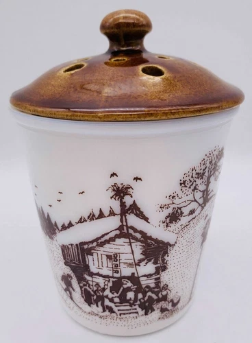 Vintage Amway Milk Glass Jar Lidded Vented Potpourri Candle Holder Winter Scene