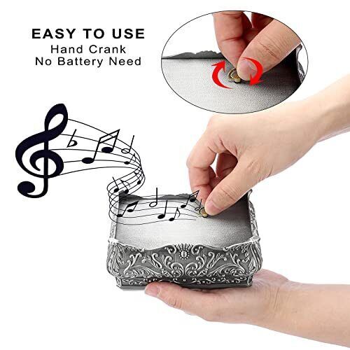SILVER VINTAGE CLASSIC RECTANGLE WIND UP MUSIC BOX ( 100