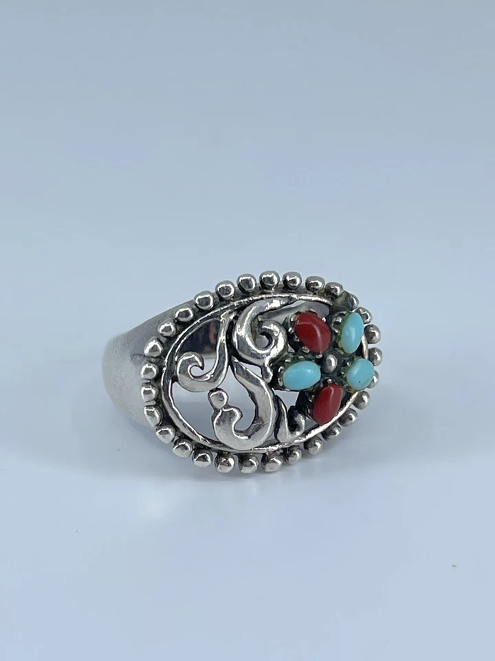 Anillo Coral Turquesa Plata Esterlina Flor Diseño Filigrana Talla 5.5 Foto 4 de 4