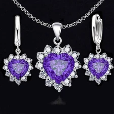 925 Sterling Silver Womens Amethyst Gemstone 18" Pendant And Earrings Necklace