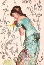 1880s Victorian Trade Card Beautiful Lady In Blue Dress F107