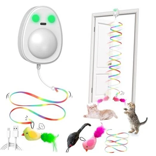 Interactive Cat Toys for Indoor Cats,Electric Flying Bird & Mouse Wand White