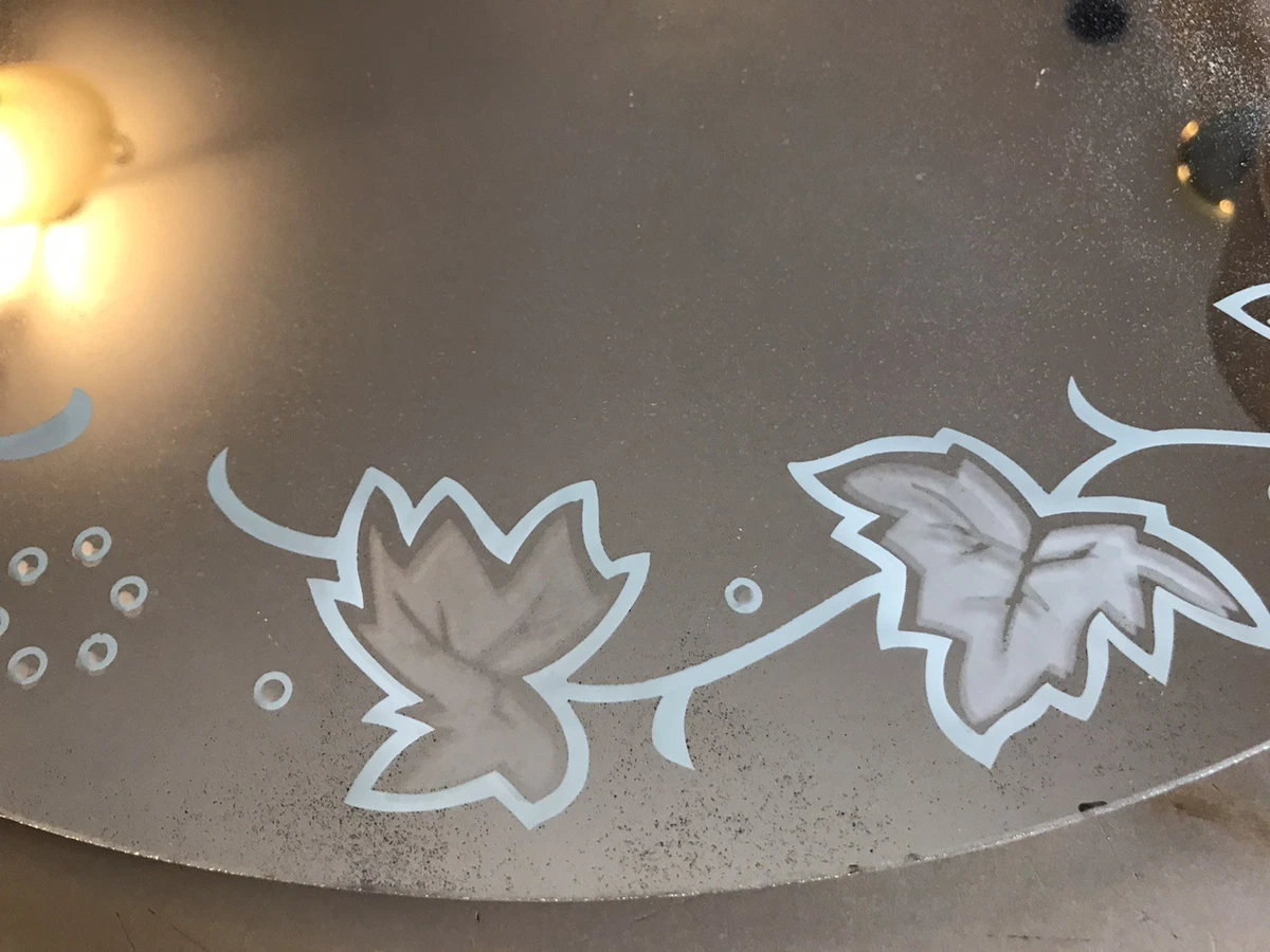 Vintage Round Frameless Wall Mirror Etched Leaves- Art Deco Style