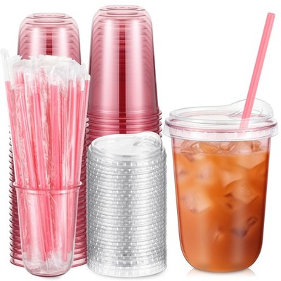 Ziliny 50 Sets Plastic Cups with Pink Heart Straws and Lids, Pink, 16 oz | Cl...