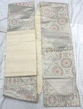 Japanese Vintage Kimono Fukuro Obi Silk Silver Embroidery Drit 163 x11 in