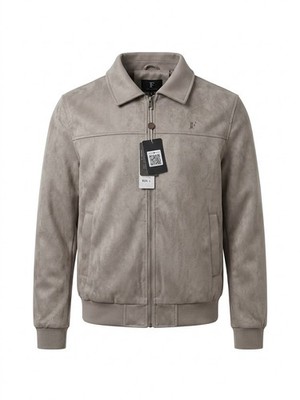 F Collections Men's Luxury Suede Bomber Full Zip Taupe Brown Jacket Size L