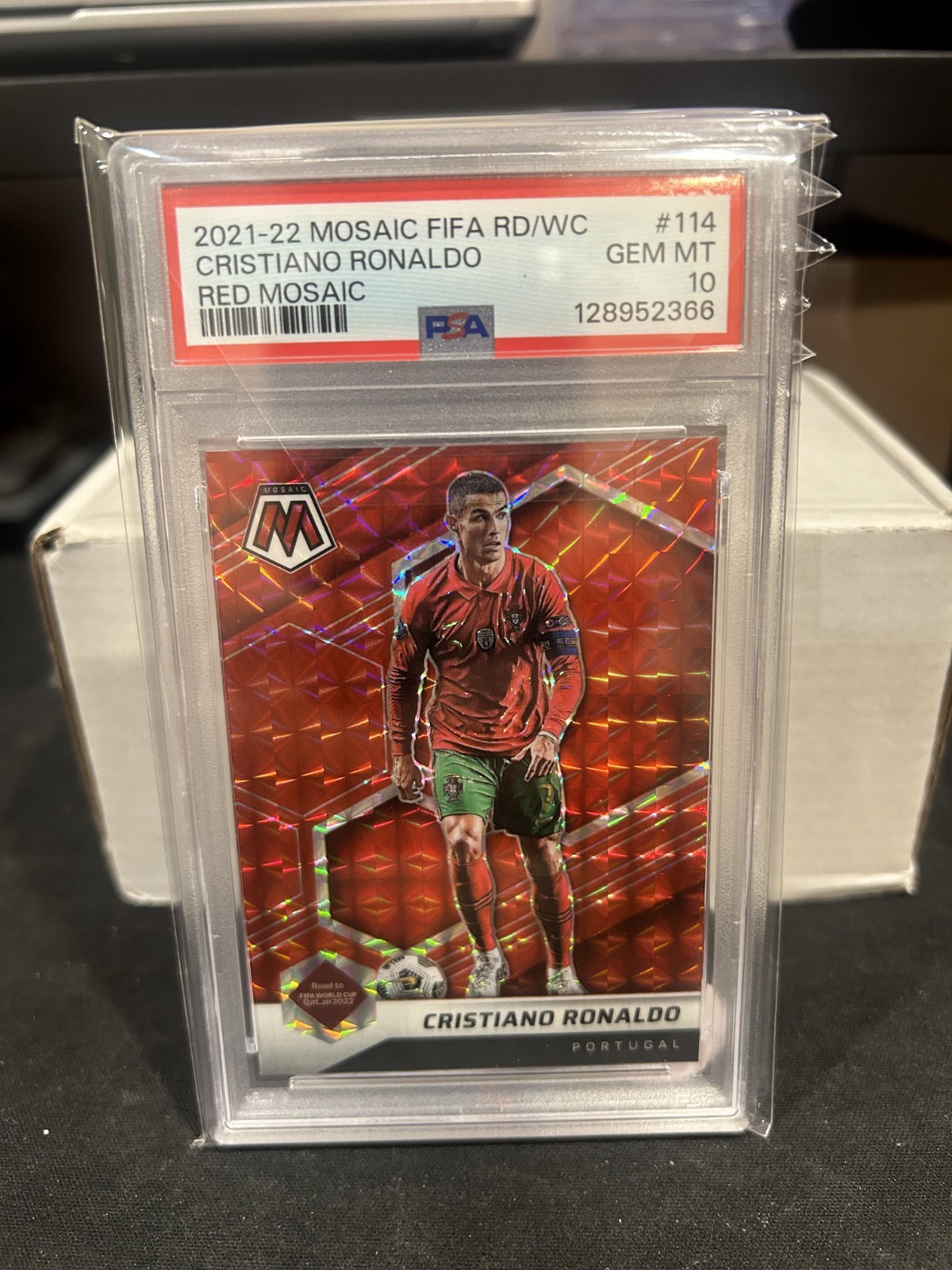 Cristiano Ronaldo 2021-22 Panini Reactive Red Mosaic World Cup Card #114 PSA 10