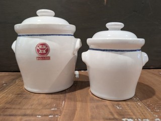 Vintage 2x Lot Haldensleben Stoneware Crock Cobalt Band GDR Lidded Pots /Jars