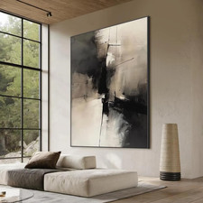 Large Framed Neutral Abstract Wall Art for Living Room, Black and Beige Modern C
