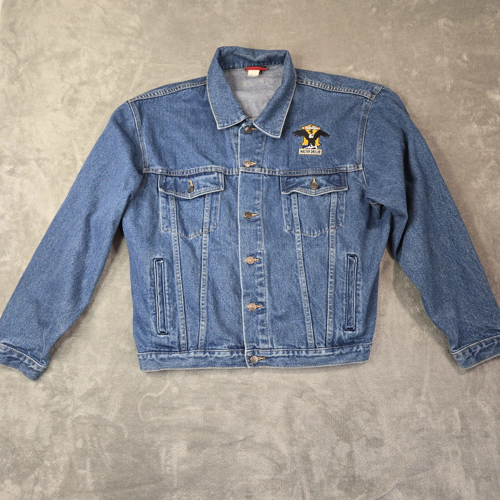 Vtg Blue Denim Trucker Jacket Embroidered Master Driller ID Wear Size XL ?