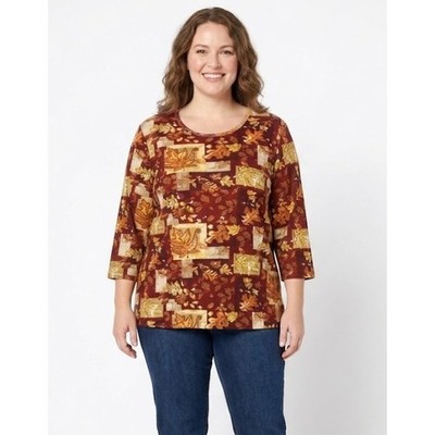 Vintage Take Two Large Brown Leaf Print Novelty Fall Artsy Cotton Stretch Top