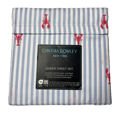 Cynthia Rowley Lobster Striped QUEEN  Size Sheet Set NWT