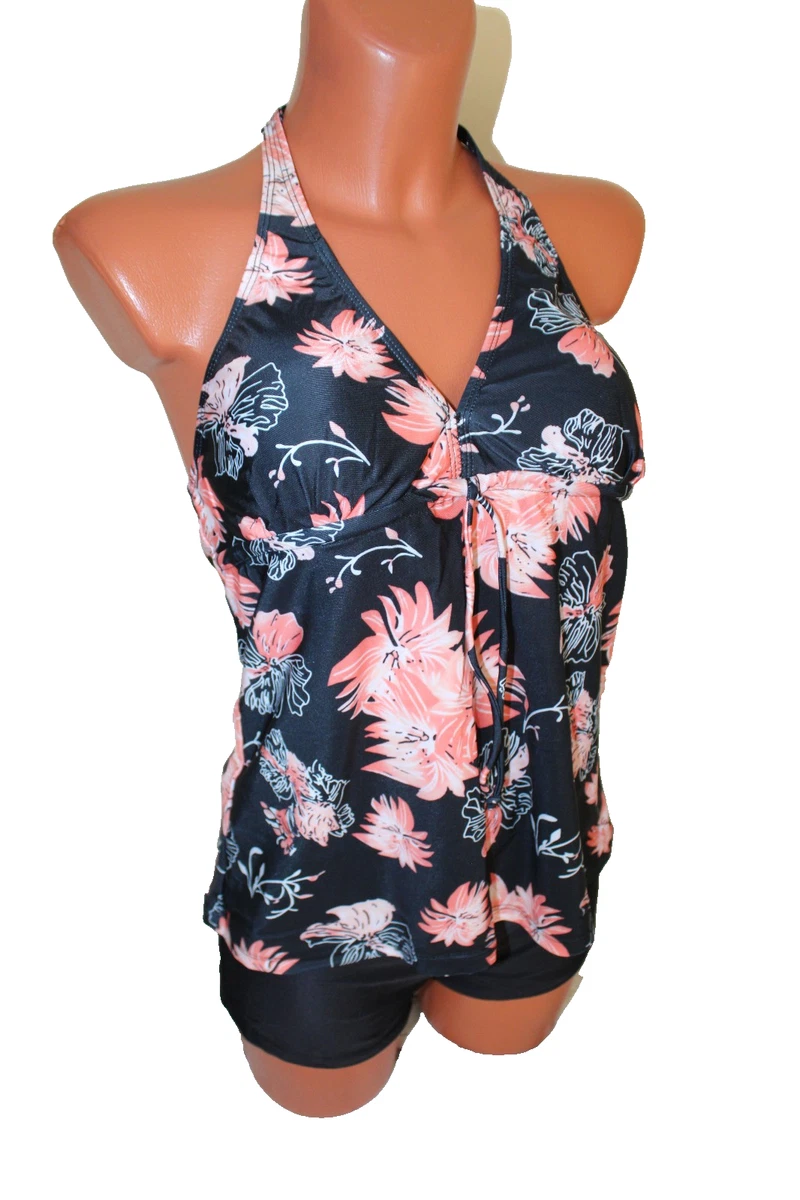Hanna Nikole Badpak voor dames, grote maten, eendelig, buikbedekkend, shape badmode, gestroomlijnde zwemjurk, zachte strandmode met zwemshort en verstelbare schouderbandjes, roze en zwart., 46 Grote