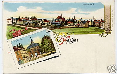 Hanau, Farb-Litho, Frankfurter Thor und Totale - Bild 1 von 1