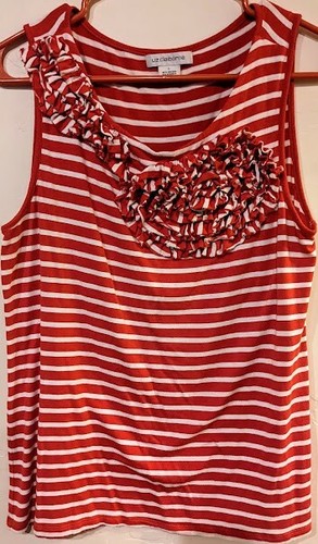 Liz Claiborne - Striped Red & White Tank top with Ruffled Rosette Detail