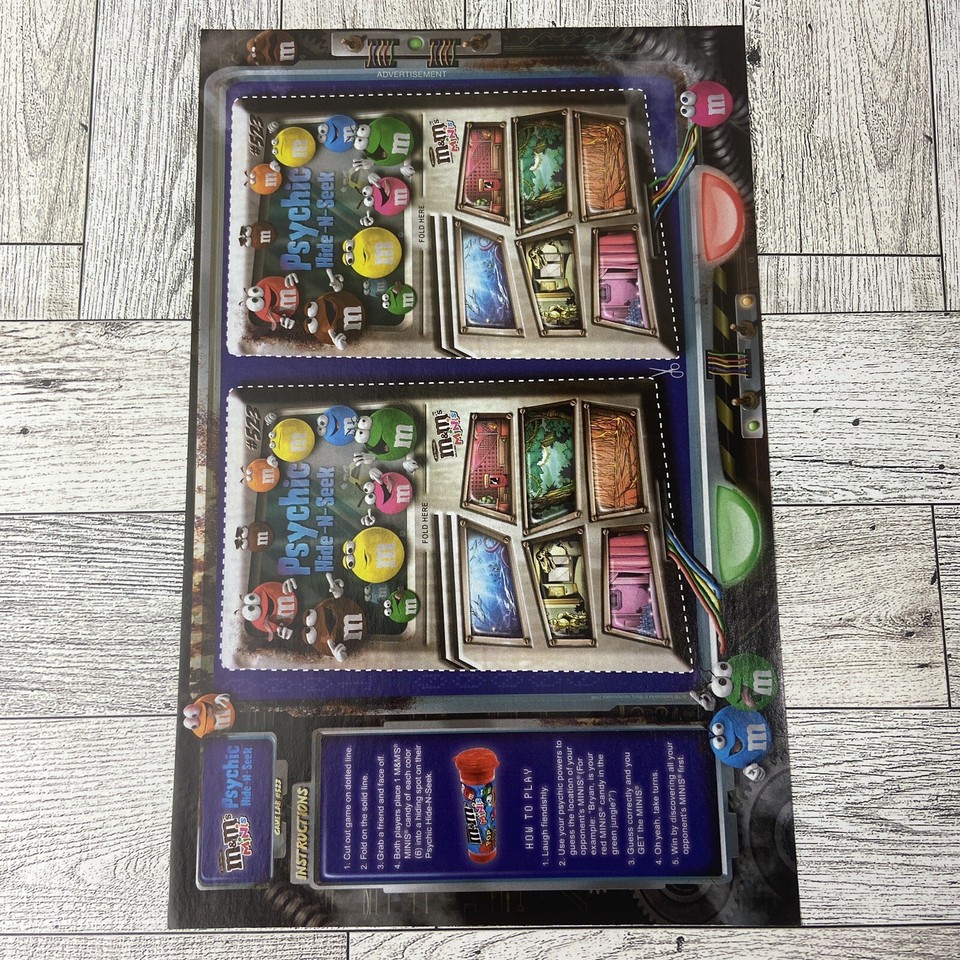 M&M Minis Candy Print Ad Game Poster Authentic Promo Art Psychic Hide N