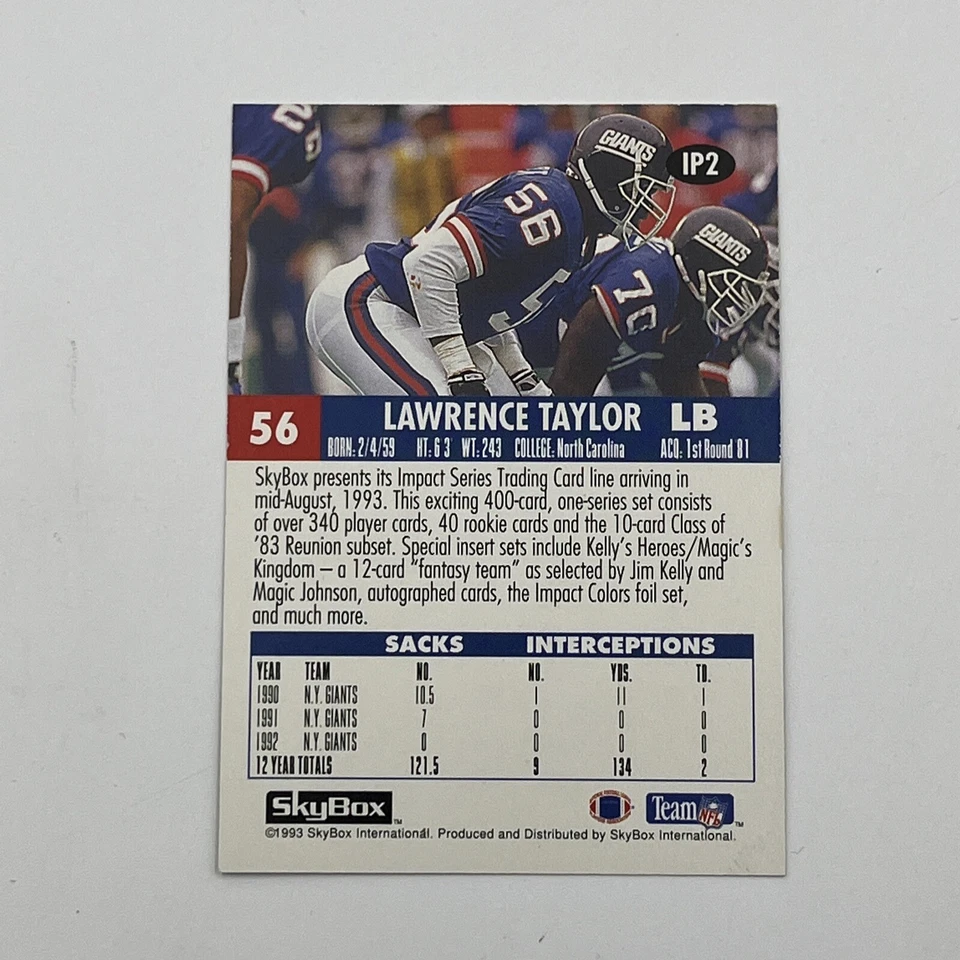 1993 Skybox Lawrence Taylor Impact New York Giants Team NFL IP2 56 Linebacker - Image 2 of 2