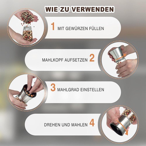 2er Gewürzmühle Pfeffermühle Salzmühle Set mit Keramikmahlwerk Glas & Edelstahl - Bild 6 von 12